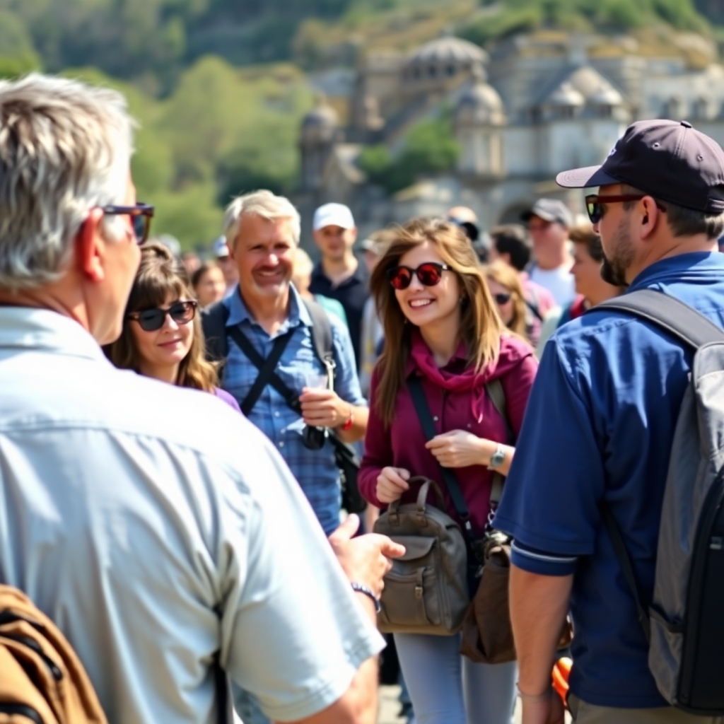 A photorealistic image of a group of tourists on a guided tour, interacting with their guide and enjoying the local environment. The scene must be vibrant, conveying a sense of connection and shared experience. The image needs to be well-lit and clear.