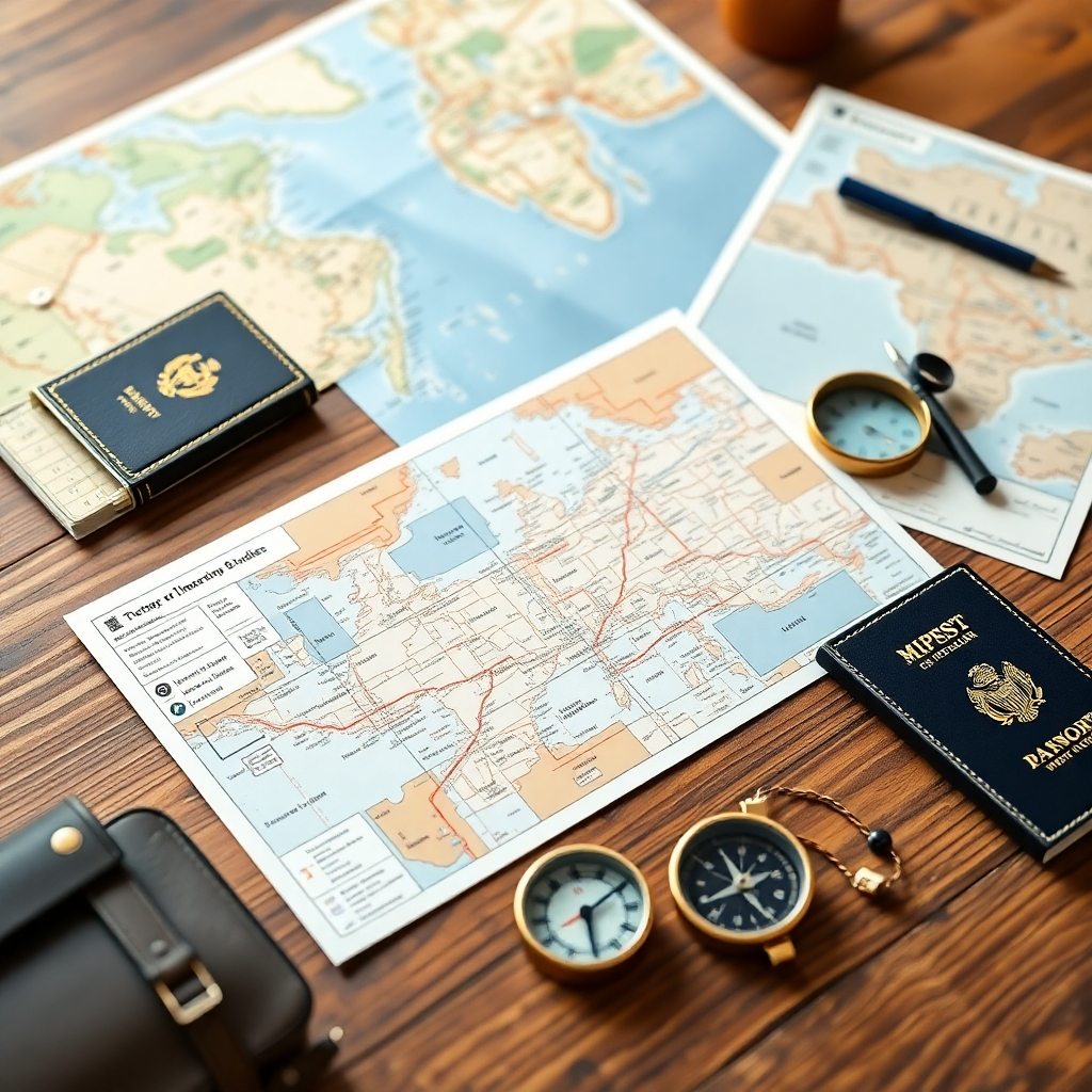 A photorealistic image of a travel itinerary laid out beautifully on a wooden table, surrounded by travel items like a passport, map, and compass.  Use warm, inviting lighting and rich textures. High quality 4K resolution