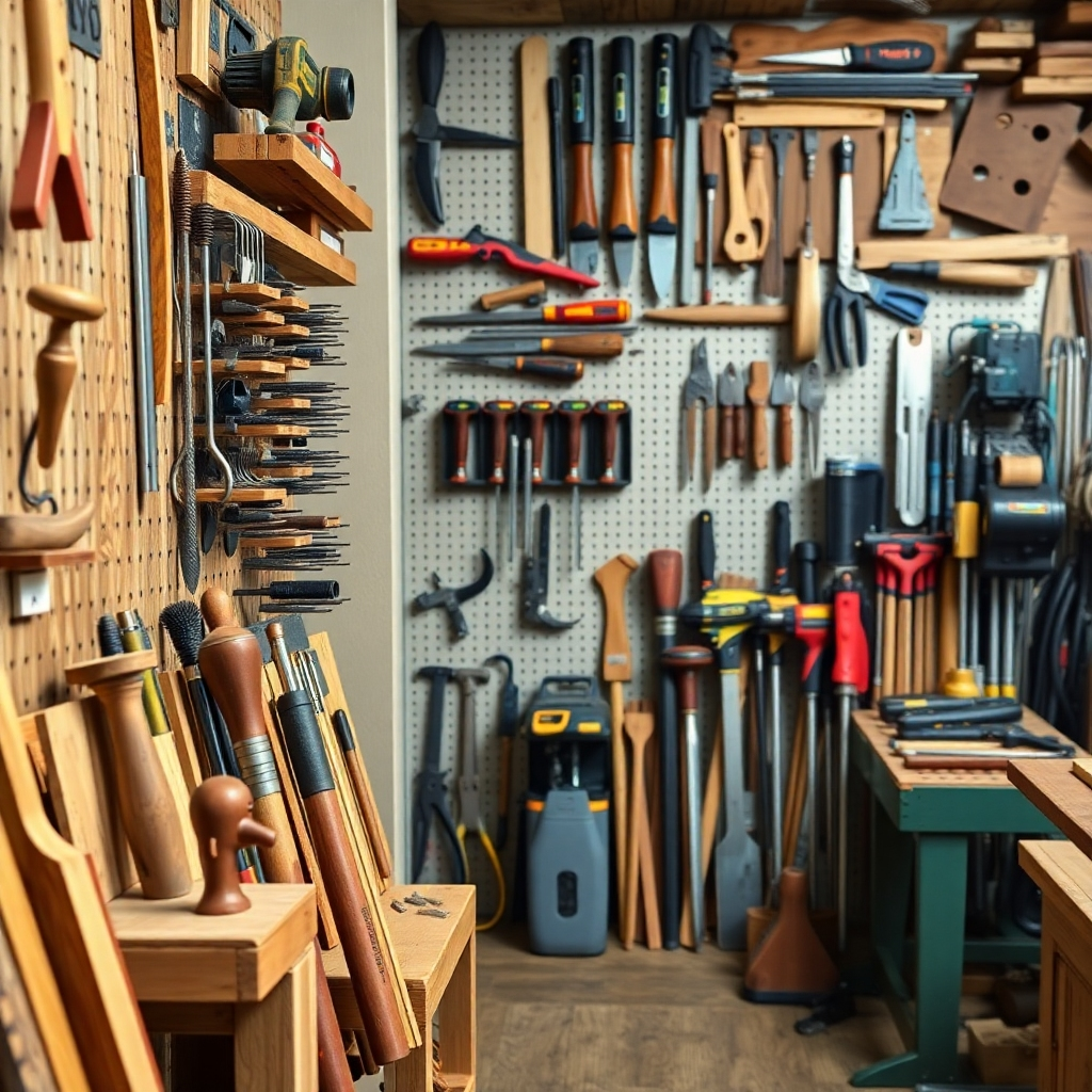 A photorealistic image of a well-organized display of various woodworking tools in a store or workshop. The image should highlight the quality and variety of the tools available.