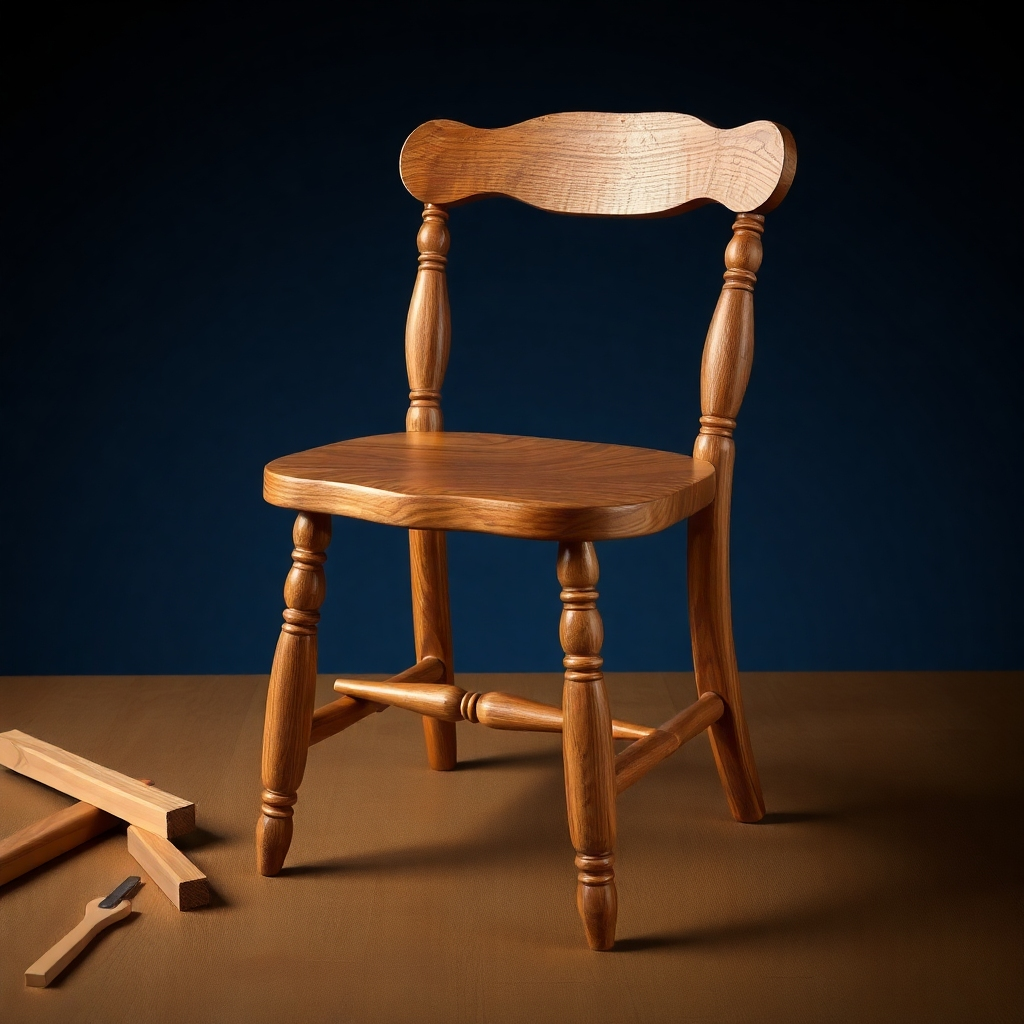 A photorealistic image of an intricate, intermediate-level woodworking project, such as a handcrafted chair or a small table. The image should focus on the intricate details and the high level of skill required to create such a piece.