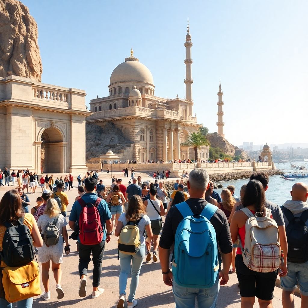 A photorealistic image of diverse travelers enjoying activities near famous landmarks.  Use a wide shot that emphasizes the scope and scale of the landmarks while showing people interacting with them. Focus on bright sunlight, vibrant colors, and visible textures (stone, water, etc.).  Use a slightly high angle to emphasize the scale of the landmarks.  High quality 4K resolution