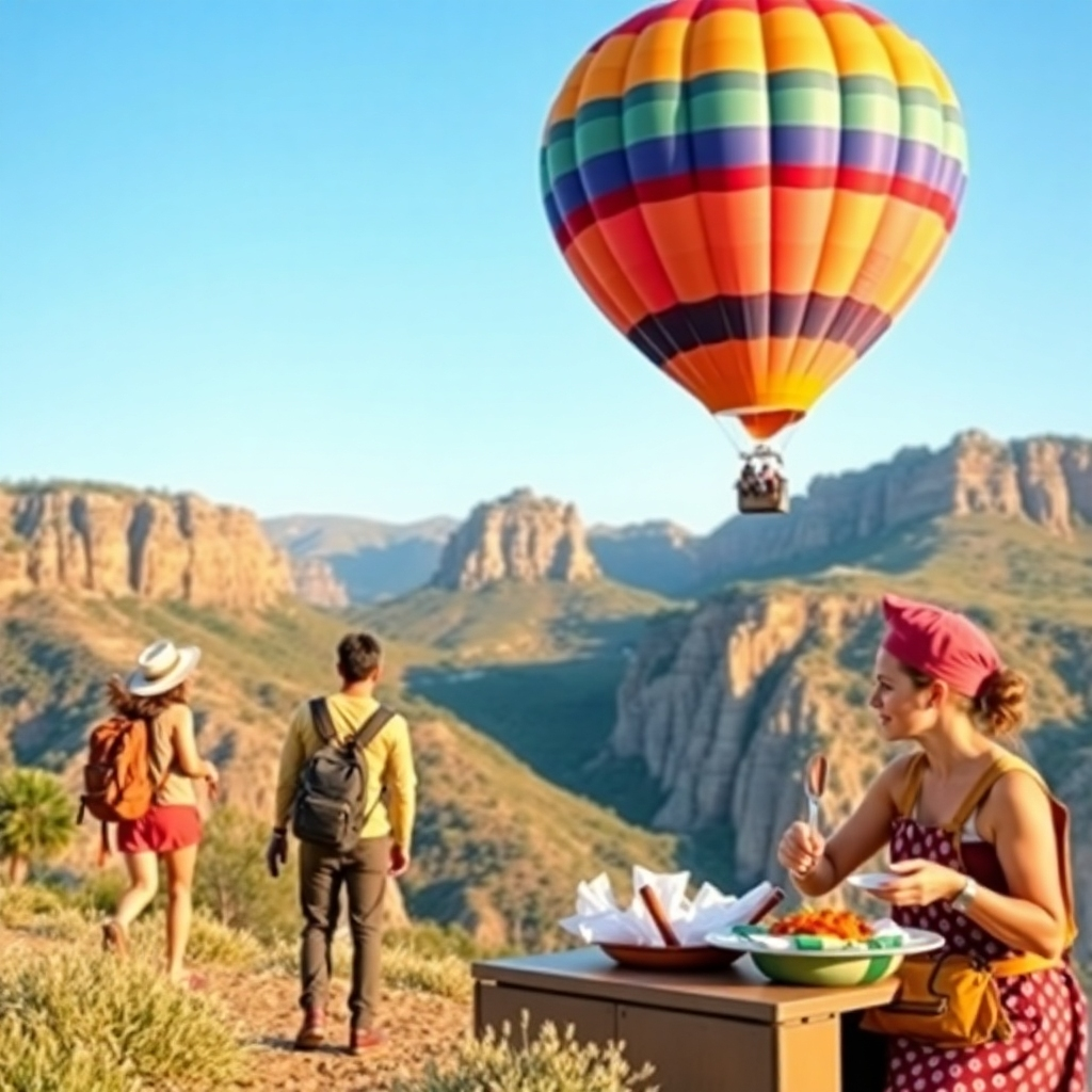 A photorealistic image showcasing a variety of diverse travel activities that customers might book, such as a guided walking tour, a hot-air balloon ride, or a cooking class.  Use vibrant and inviting colors. High quality 4K resolution
