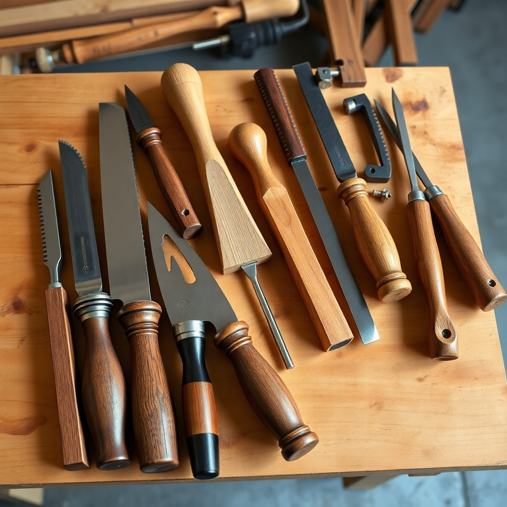 A photorealistic image showcasing a curated selection of essential woodworking tools neatly arranged on a wooden workbench. The lighting should be bright and even, highlighting the textures and details of each tool. The color palette should be natural and earthy, emphasizing the beauty of the wood and metal. The camera angle should be a slightly elevated overhead shot, providing a clear view of all tools. Focus on the quality of each tool, highlighting the craftsmanship and precision in their creation.