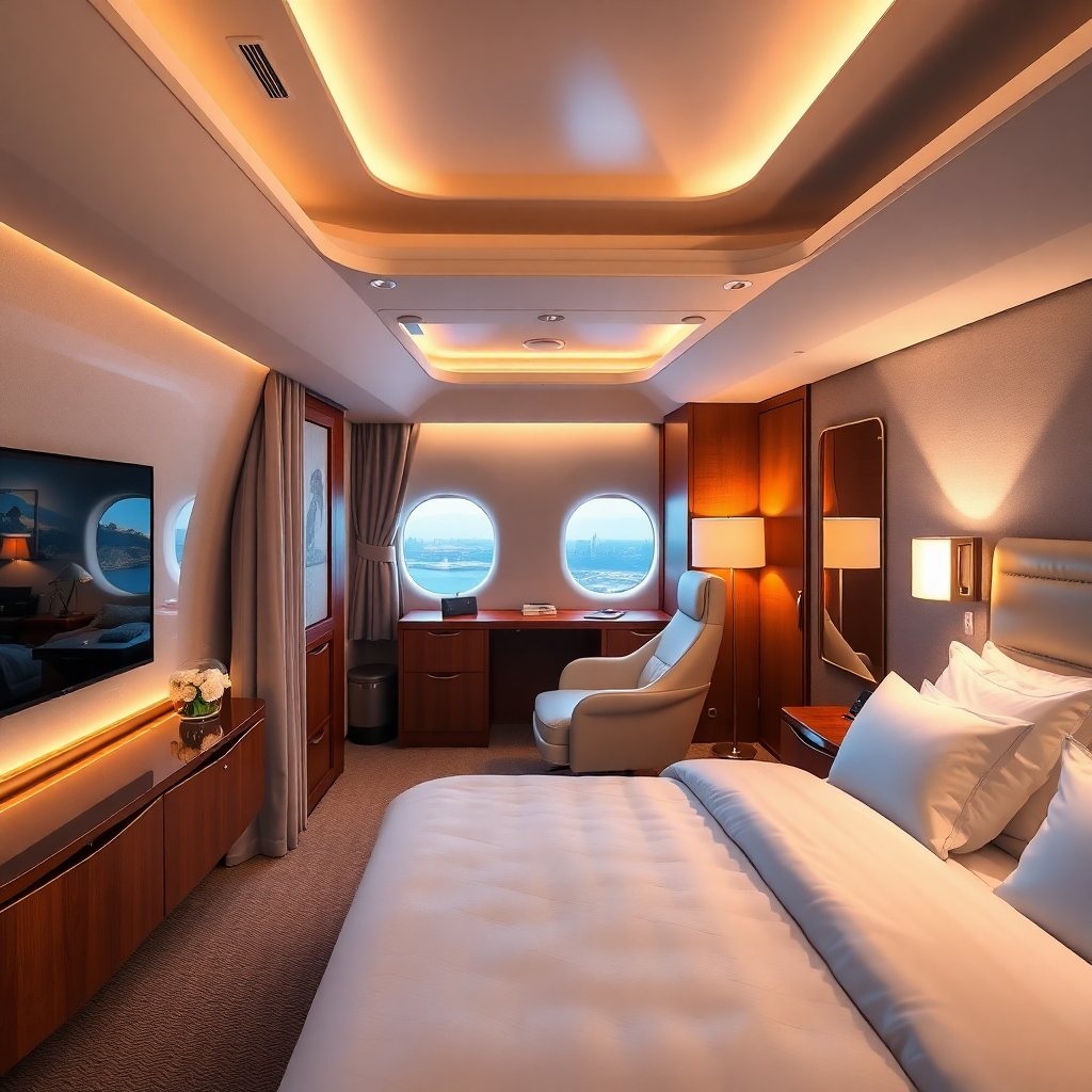 A photorealistic image showcasing a luxury hotel room or a beautiful airplane cabin, evoking comfort and excitement. High resolution, emphasis on luxury and comfort.