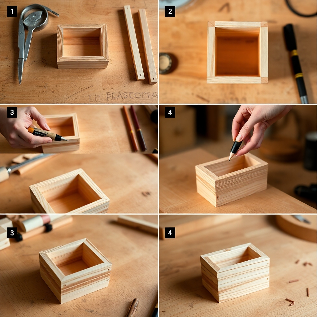 A series of close-up, high-resolution images showing the step-by-step process of a simple woodworking project, such as building a small wooden box. The lighting should be soft and even, highlighting the details of each step. The color palette should be natural and inviting, with warm tones to create a sense of warmth and creativity.