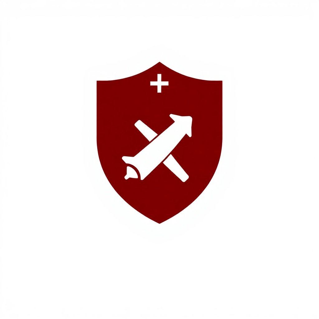A stylized graphic depicting a shield with a travel-related icon, symbolizing protection and safety. Bold color palette, simple design.
