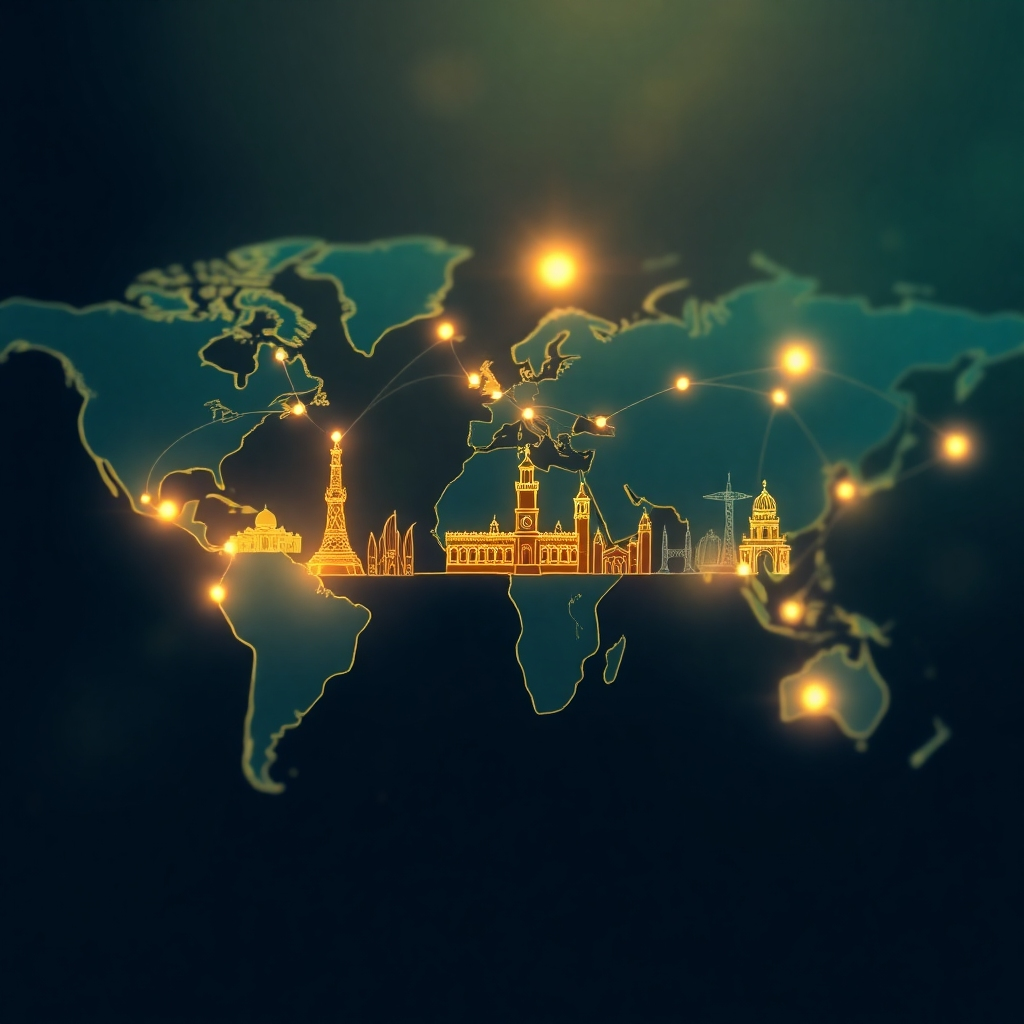 A stylized image, 4K resolution, depicting a world map with glowing lines connecting various iconic landmarks worldwide. The color palette should be deep blues, greens, and golds, with a soft, almost ethereal glow emanating from the connection points.  The style should evoke a sense of wonder and adventure.  Use a soft, slightly blurred focus to create a dreamy effect. The landmarks should be recognizable but not overly detailed, acting as symbols of global travel.  The image should suggest seamless travel and connection across various cultures.  The image should have a warm and inviting feel, creating a sense of belonging and wanderlust. The style should be inspired by vintage travel posters, but with a modern twist. The overall feeling must be sophisticated, elegant, and inspiring