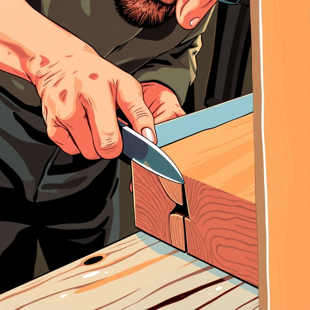 A stylized image depicting a woodworker skillfully using a chisel to create a precise joint. The image should be highly detailed, focusing on the skill and precision involved. Use vibrant colors and dramatic lighting to highlight the process. The overall style should be modern and visually engaging, similar to illustrations found in design magazines.