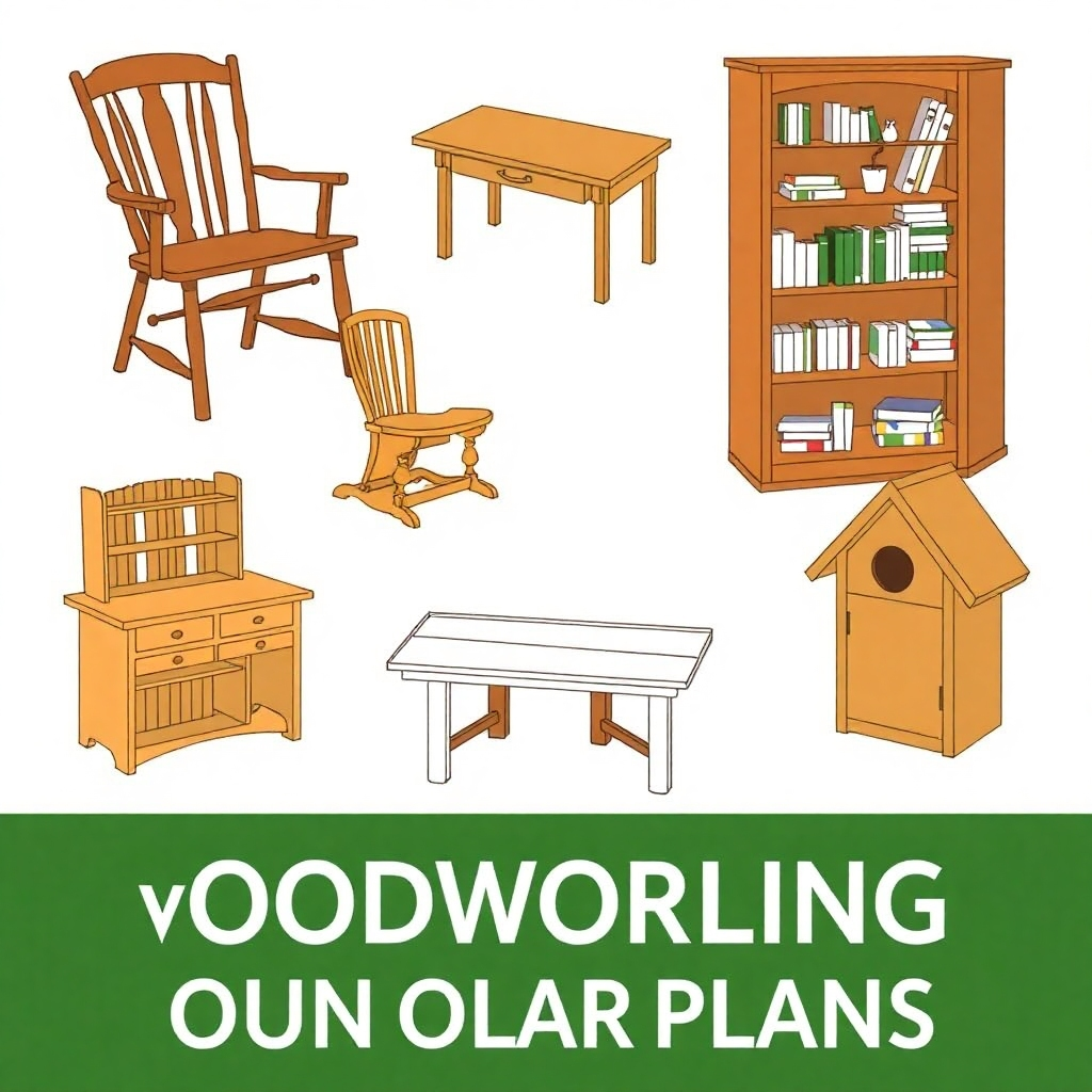 A stylized image depicting various woodworking projects created from our plans, such as a chair, table, bookshelf, or birdhouse. The image should showcase the quality and diversity of the projects created from our plans.