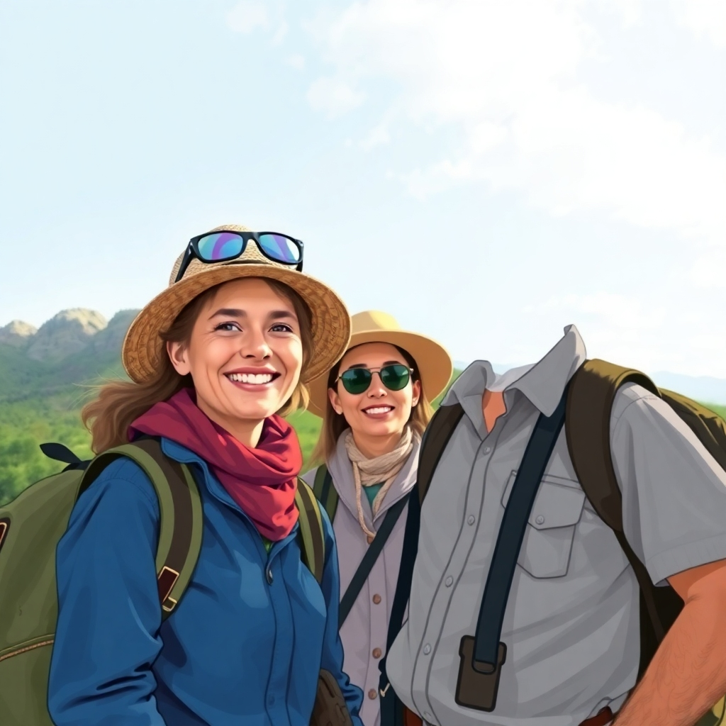 A stylized image, perhaps a painted portrait or digital illustration, of a friendly and knowledgeable guide interacting with travelers. The style should be warm, inviting and trustworthy.  High quality 4K resolution