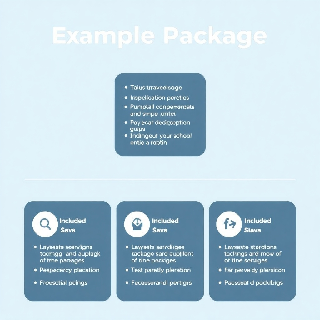 A stylized image showcasing an example of a travel package. The design should be professional and visually informative, with clear descriptions of the included services.  The composition must be organized and appealing, emphasizing the value of the package.