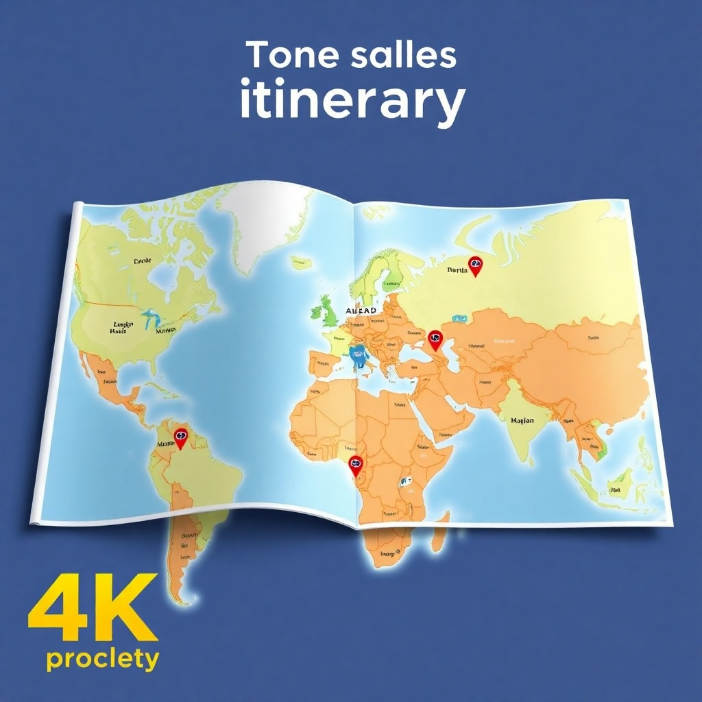 A stylized image showing a personalized itinerary represented as a beautifully designed travel journal or interactive map. Use bright, inviting colors and high-quality textures to emphasize the personalized nature of the itinerary. High quality 4K resolution