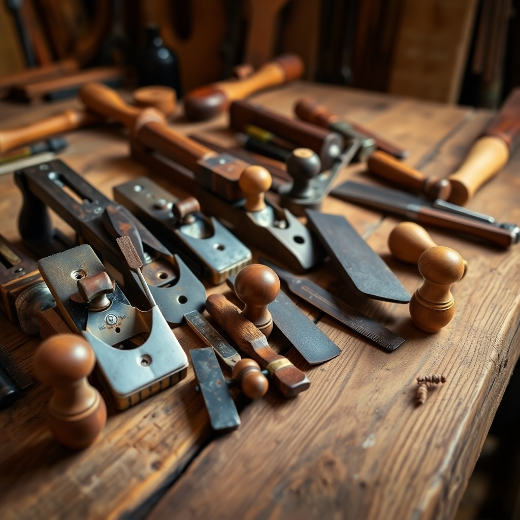 An image depicting a variety of high-quality woodworking tools, such as hand planes, chisels, and saws, arranged on a rustic wooden table. The lighting should be warm and inviting, highlighting the texture of each tool. The image should be slightly stylized, with a focus on enhancing the aesthetic appeal of the tools.