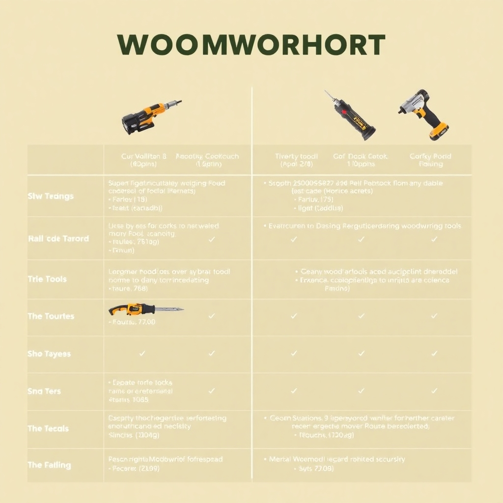 Create a clean, graphically-pleasing image that features a comparison chart with several high-quality woodworking tools, highlighting key features and specifications. Use a clear and concise visual format, making it easy to compare different tools side-by-side. The image should be visually appealing yet informative, making it easy to understand and compare different tools. The image should be high quality and easy to navigate and understand.