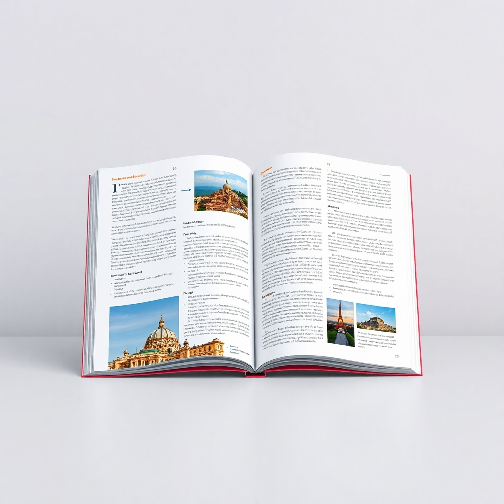 Create a photorealistic image of a well-designed travel guide, open to a page with relevant information and high-quality photos.  Style should be clean and modern, emphasizing the guide's usefulness. Target a 4K resolution for crisp, sharp text and images.