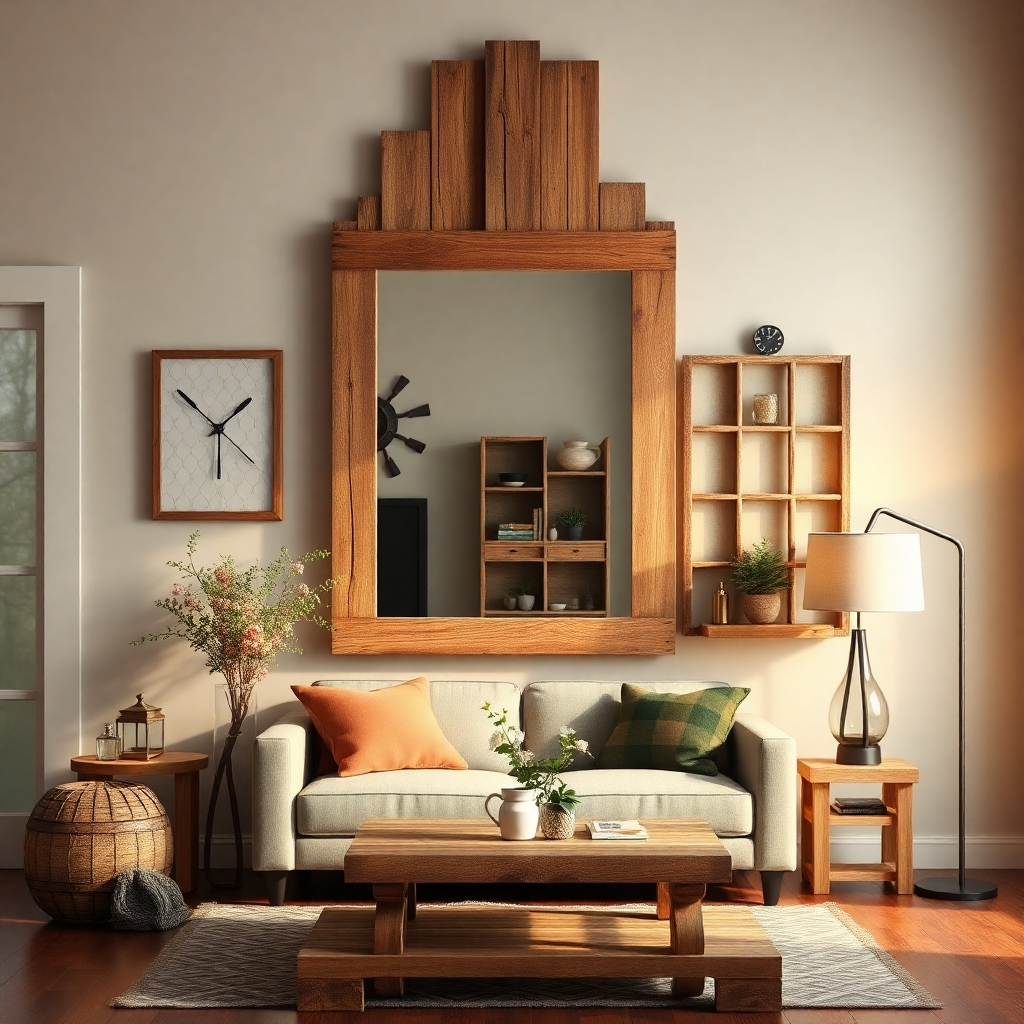 Create a photorealistic image depicting various upcycled wood crafts used as home decor. This could include a rustic mirror frame made from reclaimed wood, a coffee table made from repurposed pallets, and wall art made from old window frames. The lighting should be warm and inviting, highlighting the unique character of each piece. The overall style should be rustic-chic, blending vintage charm with modern aesthetics. The image should be high quality and evoke a sense of creativity and sustainability.