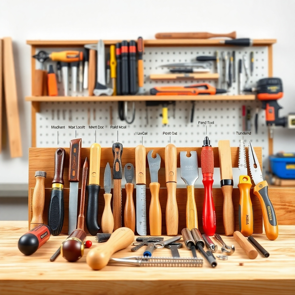Create a photorealistic image showcasing a variety of high-quality woodworking tools, from hand tools to power tools. The tools should be neatly arranged on a workbench, with each tool clearly labeled and highlighted. The lighting should be bright and clear, allowing for a detailed view of each tool's features. The overall style should be clean, organized, and professional, emphasizing the quality and precision of the tools. The image should be high quality and inspire confidence in the tools.