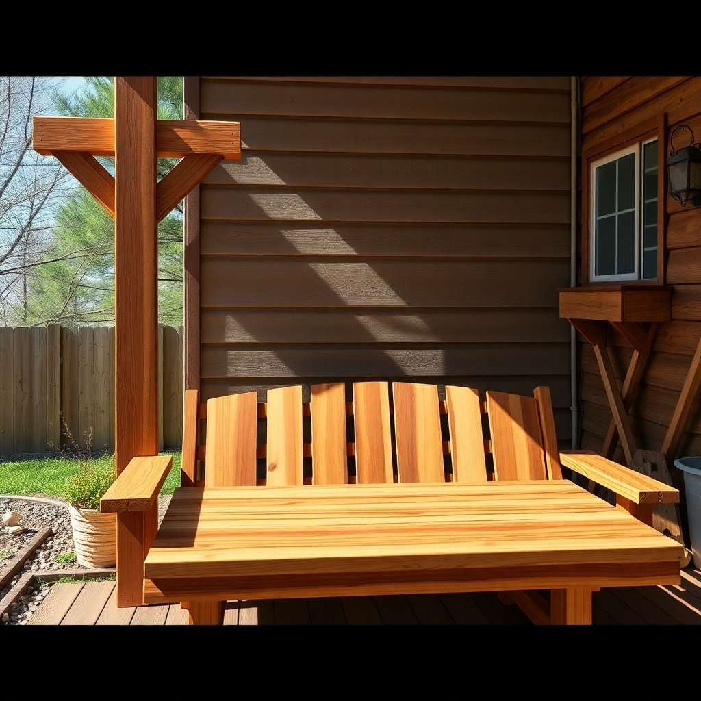 Create a photorealistic image showcasing various outdoor woodworking projects constructed using weather-resistant wood and finishes.  Show projects that have been exposed to elements and are still standing strong.  Highlight the durability and longevity of these projects. The lighting should be natural and bright, focusing on the quality of the materials and construction. The overall style should be practical and informative, showcasing the importance of using durable materials.  The image should be high quality and convey a sense of longevity and resilience.