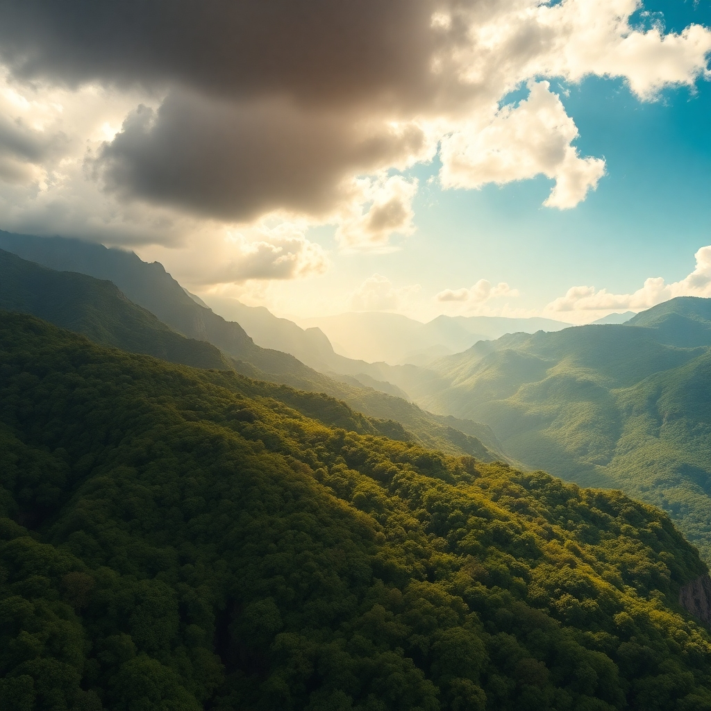 Create a photorealistic image showcasing stunning natural landscapes, perhaps a vibrant rainforest or a majestic mountain range. Emphasize natural lighting, vibrant colors, and highly detailed textures. The style should be reminiscent of nature documentaries.  Target a 4K resolution for high image quality.