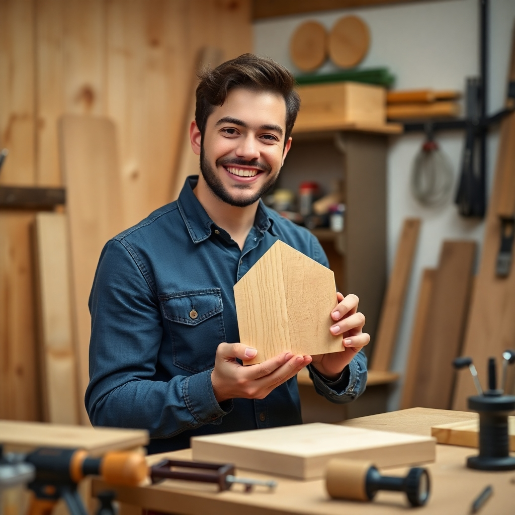 Create a photorealistic image of a person, a beginner, successfully completing a simple woodworking project in a small space. Show them smiling while holding a finished piece of their woodworking project. Focus on the simplicity of the design and the joy of accomplishment. The overall tone should be warm and encouraging, inspiring beginners to try woodworking. The image should be high quality and evoke a sense of beginner success and satisfaction.