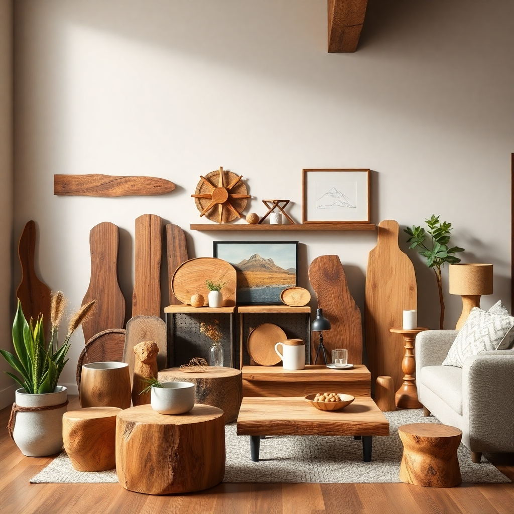 Create a photorealistic image showcasing a collection of upcycled wood home decor items displayed in a stylish and modern home. Focus on the variety and unique character of each piece, highlighting the rustic charm and modern aesthetics. The lighting should be soft and warm, creating an inviting and cozy atmosphere. The image should be high quality and evoke a sense of uniqueness and individuality.