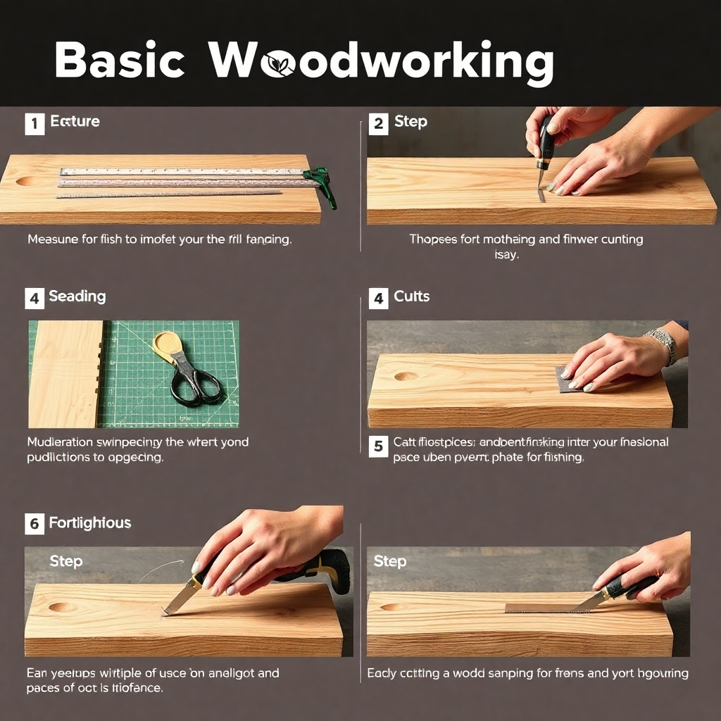 Create a step-by-step photorealistic image showcasing basic woodworking techniques, such as measuring, cutting, sanding, and finishing a piece of wood.  Show the process from start to finish, using clear and concise visuals. The lighting should be bright and even, highlighting the precision and detail of each step. The overall style should be instructional and informative, making it easy for beginners to follow along. The image should be high quality and inspire confidence in learning these techniques.