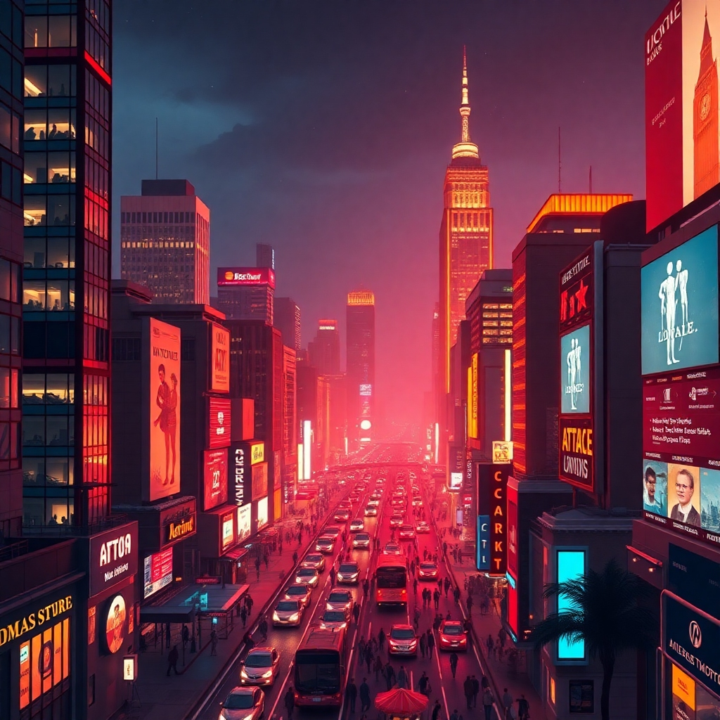 Create a stylized image of a bustling city at night, highlighting its iconic buildings, bright lights, and vibrant atmosphere.  Use a warm color palette and focus on creating a sense of excitement and energy. Aim for a 4K resolution.
