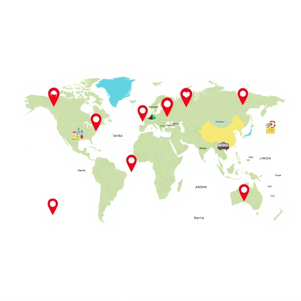 Create a world map-style image with pins highlighting various destinations and activities offered through GetYourGuide. Use a visually engaging style and a vibrant color palette to represent the diverse range of offerings.  Aim for a 4K resolution for detail.