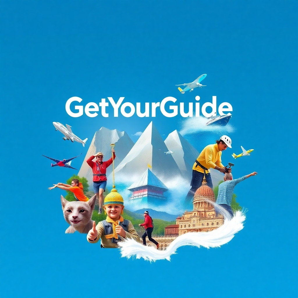 Generate a dynamic image showcasing various activities from GetYourGuide, such as hiking, water sports, cultural experiences, and city tours. Use a vibrant color palette and focus on conveying action and excitement. Aim for a 4K resolution for optimal visual impact.