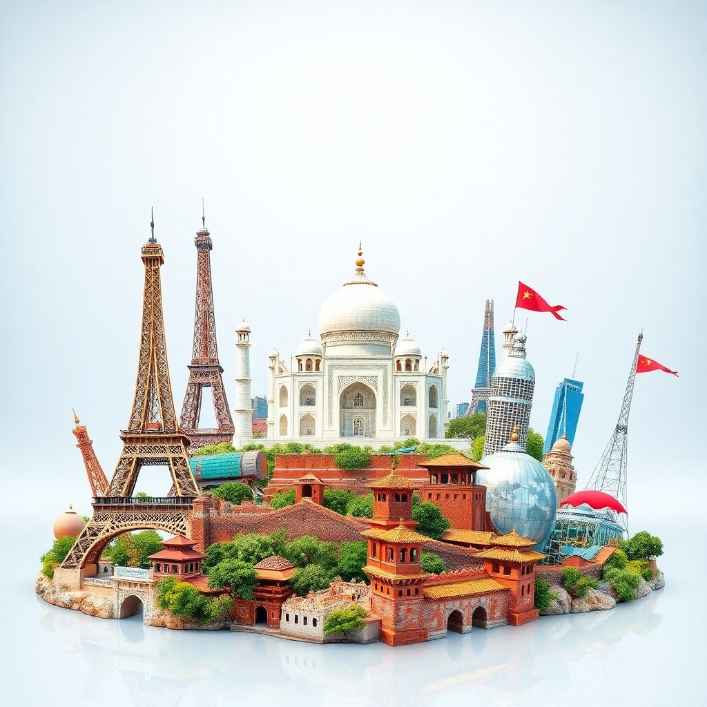 Generate a photorealistic 4K image representing the essence of travel and tourist places. The image should feature a diverse collection of iconic landmarks from around the globe, creatively arranged in a collage-like composition. The landmarks could include the Eiffel Tower, the Taj Mahal, Machu Picchu, and the Great Wall of China, each rendered with meticulous detail and realistic textures. The lighting should be even and bright, ensuring all landmarks are clearly visible. The color palette should be vibrant and diverse, reflecting the variety of destinations. The camera angle should be slightly overhead, creating a balanced composition.  The texture details of each landmark should be apparent, from the stonework of ancient structures to the metallic sheen of modern buildings. The overall style should be realistic, creating a visually appealing and informative representation of global tourist destinations. The background could be a stylized world map, subtly enhancing the global theme.
