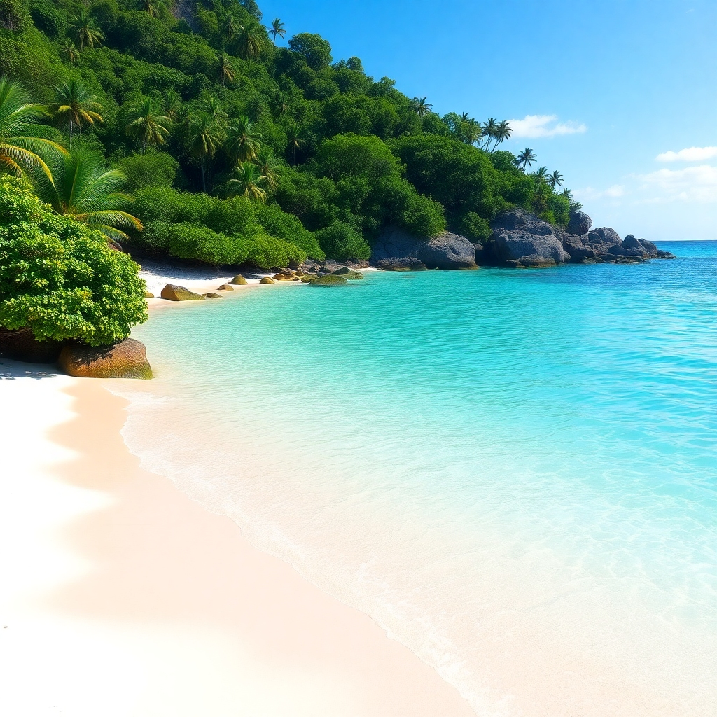 Generate a photorealistic image of a pristine beach, with clear turquoise water, soft white sand, and lush vegetation.  Emphasize vibrant colors, natural lighting, and a sense of relaxation. Aim for a 4K resolution.