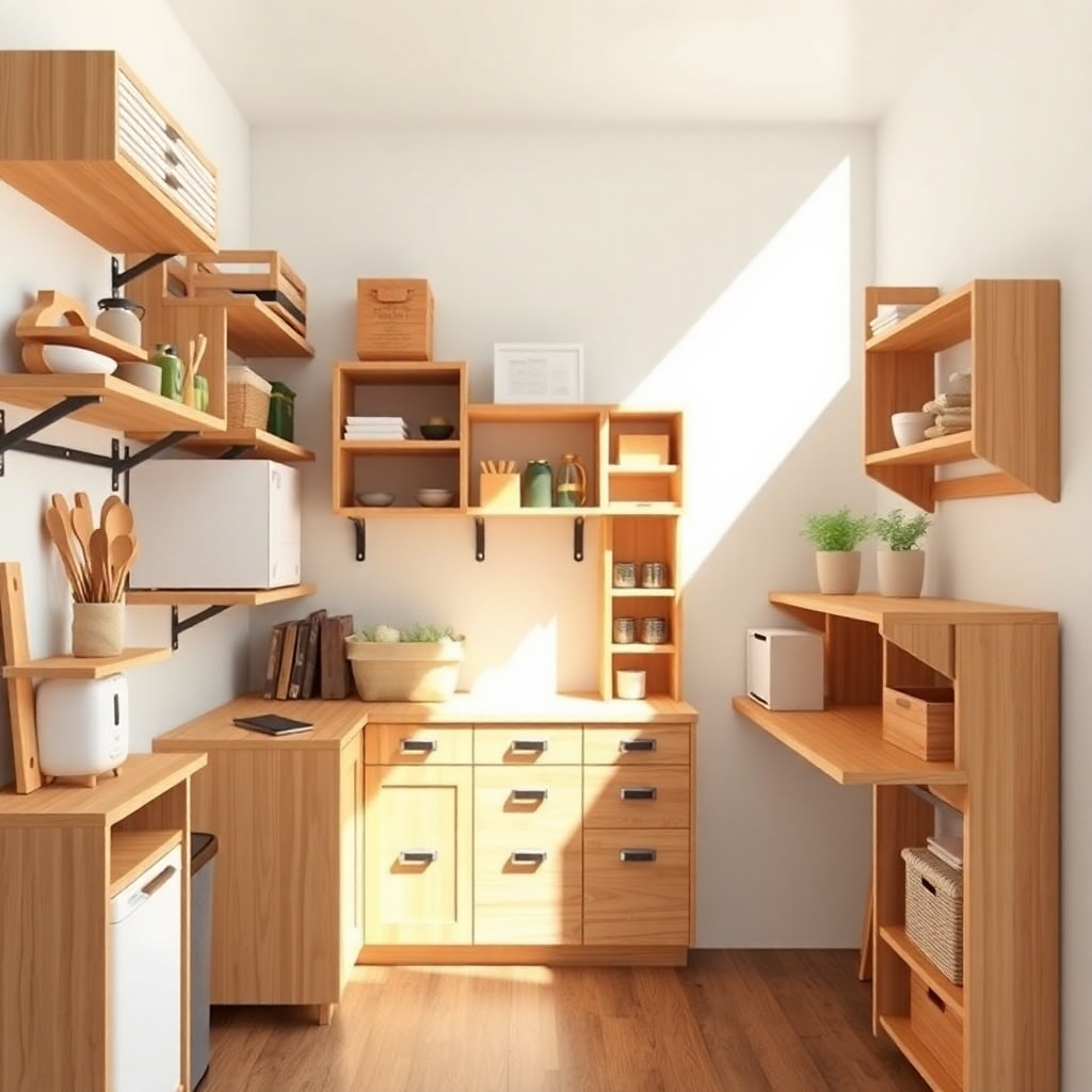 Generate a photorealistic image showcasing various space-saving woodworking projects in a small, well-organized space.  This includes compact, vertical storage solutions, foldable work surfaces, and other creative space-saving designs made of wood. The lighting should be bright and airy, highlighting the functionality and aesthetics of the pieces. The overall style should be clean and organized, emphasizing clever storage solutions.  The image should be high quality and evoke a sense of resourceful use of small spaces.