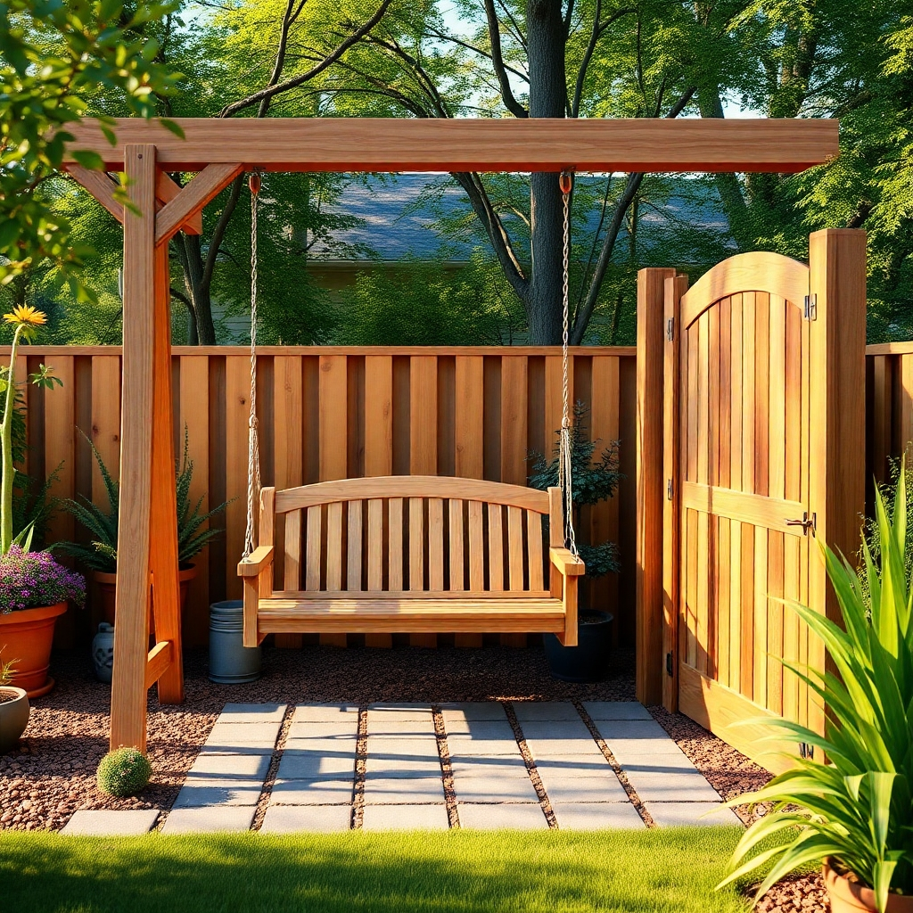 Generate a photorealistic image showcasing several outdoor woodworking projects adding charm and functionality to a backyard space. This includes a charming wooden swing, a beautiful wooden fence, or a stylish garden gate made of wood. The lighting should be warm and inviting, highlighting the integration of the projects with the overall outdoor space. The overall style should be harmonious and visually appealing, showcasing the enhancement of the outdoor space. The image should be high quality and evoke a sense of aesthetic enhancement and functional improvement.