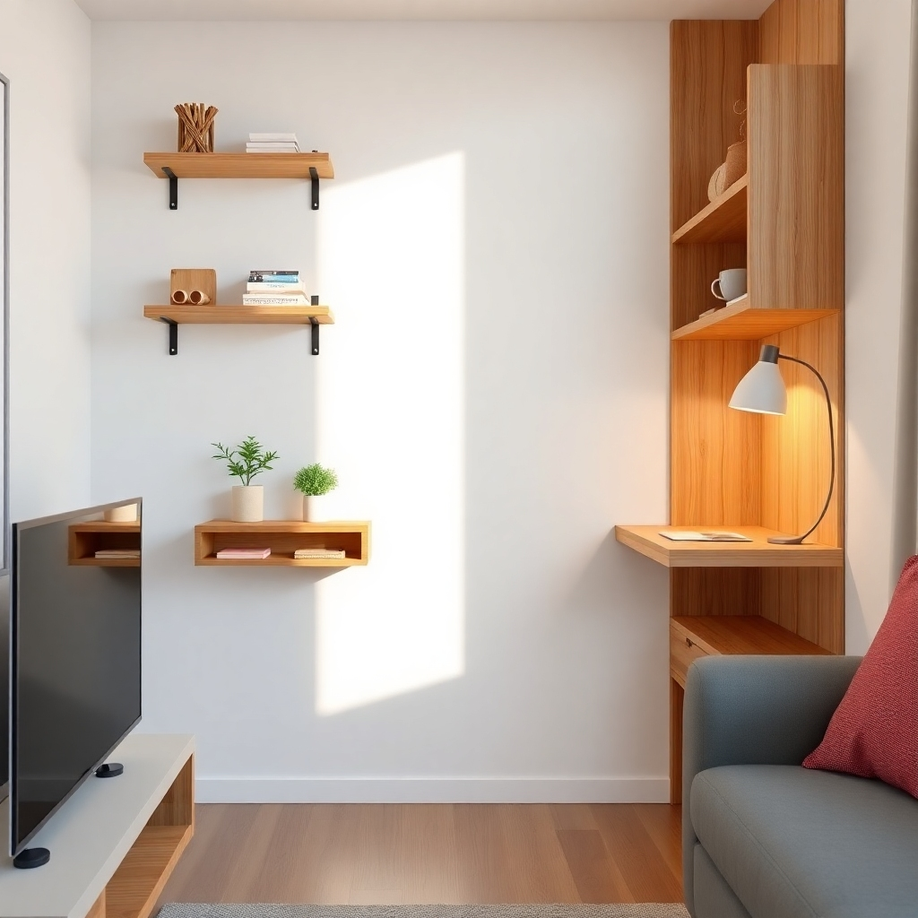 Generate a photorealistic image of a small apartment featuring several DIY woodworking projects: a wall-mounted shelf, a small side table, and a floating desk. The lighting should be natural and bright, highlighting the wood grain and craftsmanship. The overall style should be minimalist and modern, emphasizing functionality and space-saving design. The image should be high quality and evoke a sense of modern, space-efficient living.