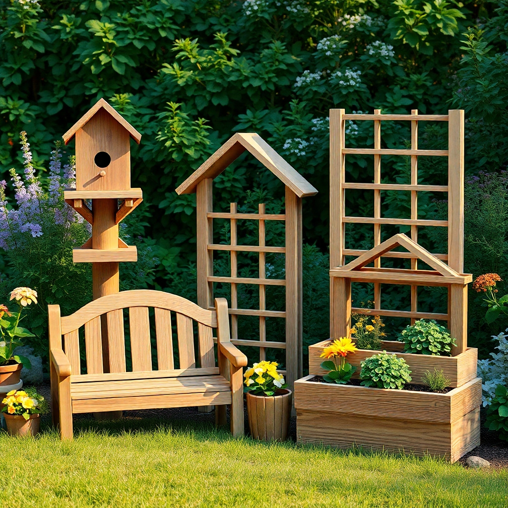 Generate a photorealistic image showing a variety of completed outdoor woodworking projects set against a backdrop of a lush garden. Show projects such as a birdhouse, a small wooden bench, a trellis, and a charming planter box. The lighting should be natural and warm, highlighting the wood's natural beauty and its integration with the surrounding environment. The overall style should be rustic and inviting, highlighting the harmony between nature and woodworking. The image should be high quality and evoke a sense of serenity and nature.