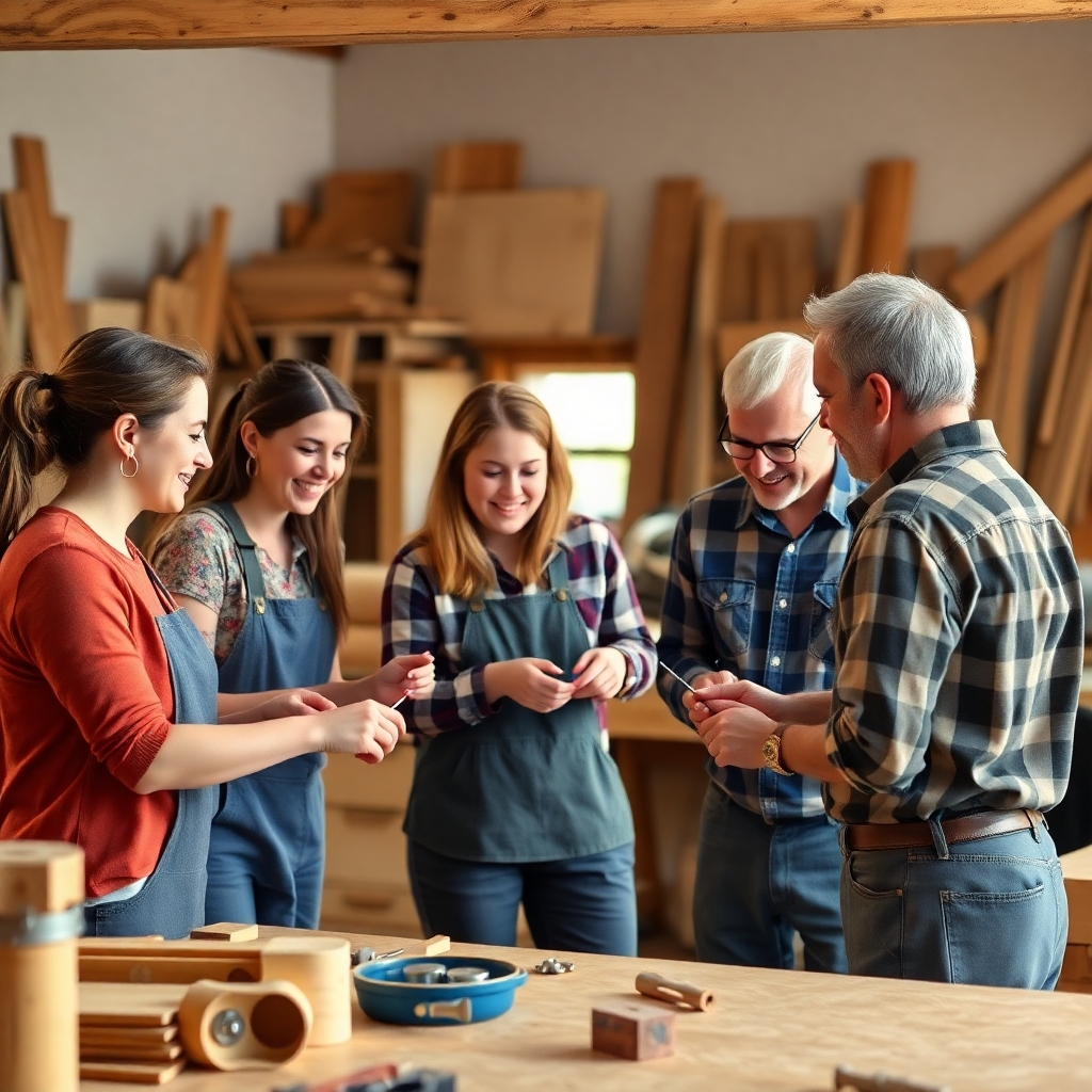 Generate a photorealistic image of a small group of people happily engaged in a woodworking class, expertly guided by an instructor. The image should convey a sense of community and friendly learning environment. The lighting should be warm and inviting, emphasizing the learning and creative process. The overall style should be approachable and encouraging. The image should be high quality and communicate a feeling of fun and engagement.