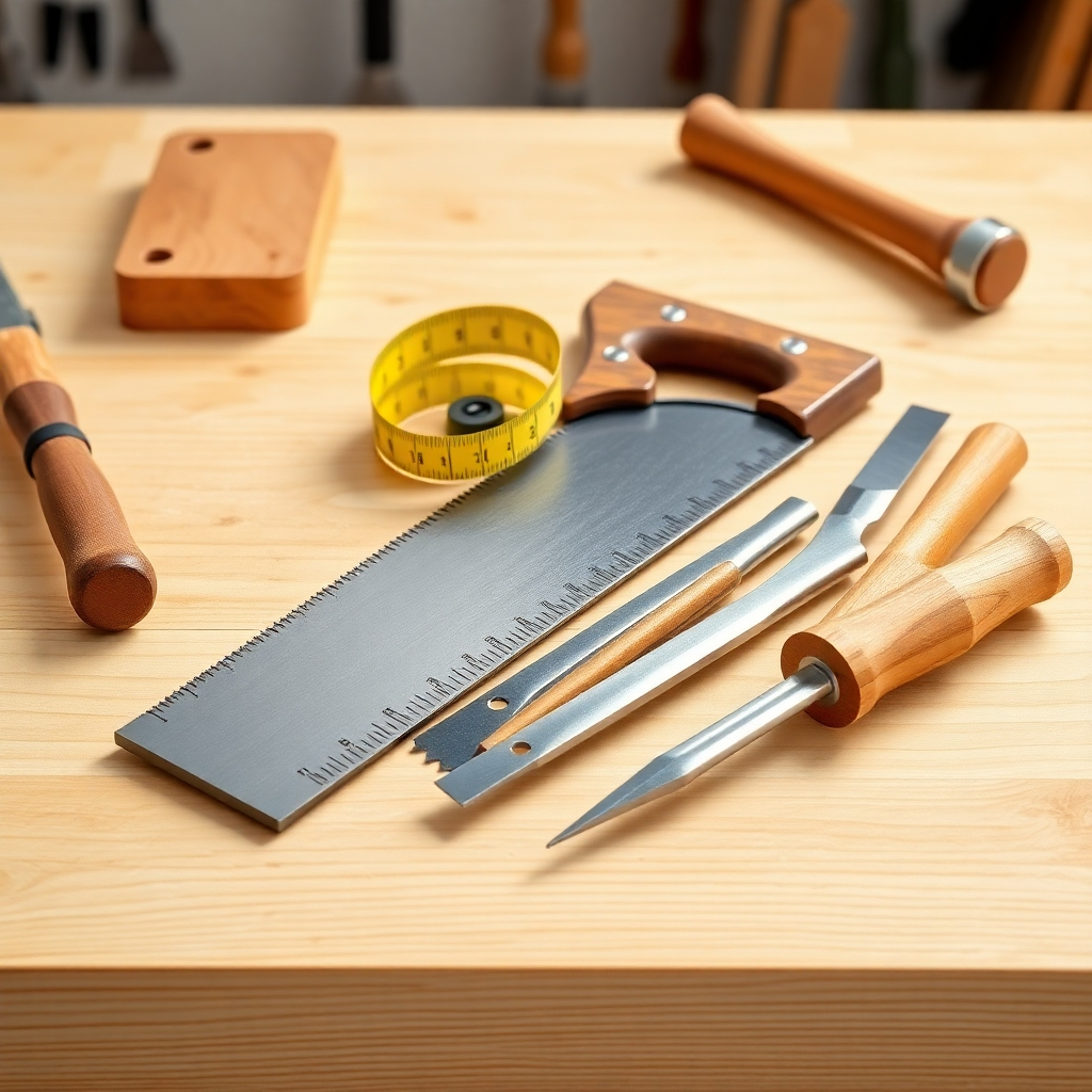 Generate a photorealistic image showcasing a set of essential woodworking tools for beginners, neatly arranged on a clean workbench. Include tools like a hand saw, measuring tape, chisels, and a hammer. The lighting should be bright and clear, allowing for a detailed view of each tool. The overall style should be clean and organized, emphasizing the importance of proper tool maintenance. The image should be high quality and evoke a sense of readiness and preparedness for beginners.