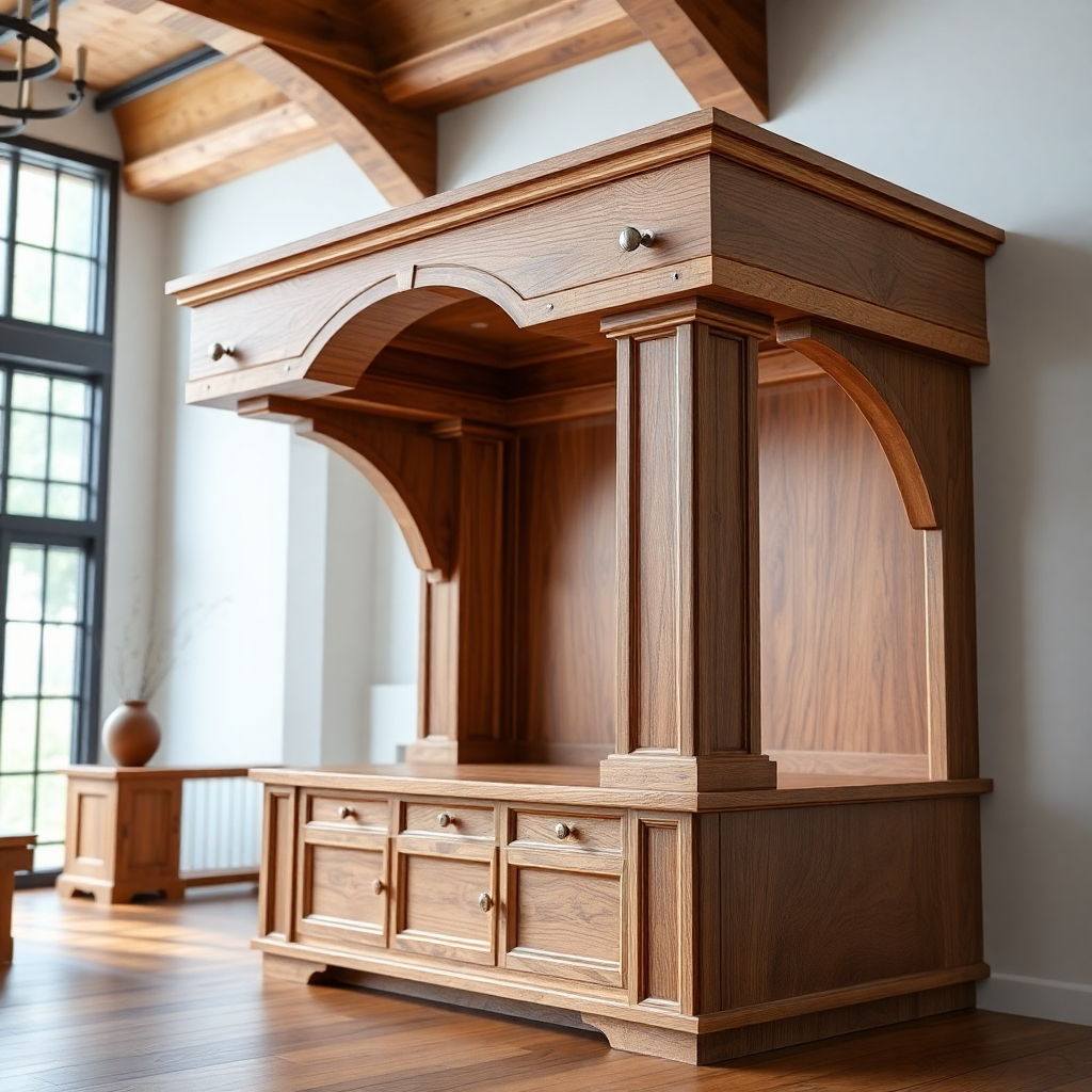Generate a photorealistic image of a custom-built, high-quality wooden piece, showcasing intricate detail and craftsmanship.  The lighting should highlight the unique grain and texture of the wood, while the camera angle should capture the full grandeur of the piece. The overall style should be elegant and sophisticated, showcasing the high quality of the craftsmanship. The image should be high quality and inspire a sense of luxury and personalized artistry.