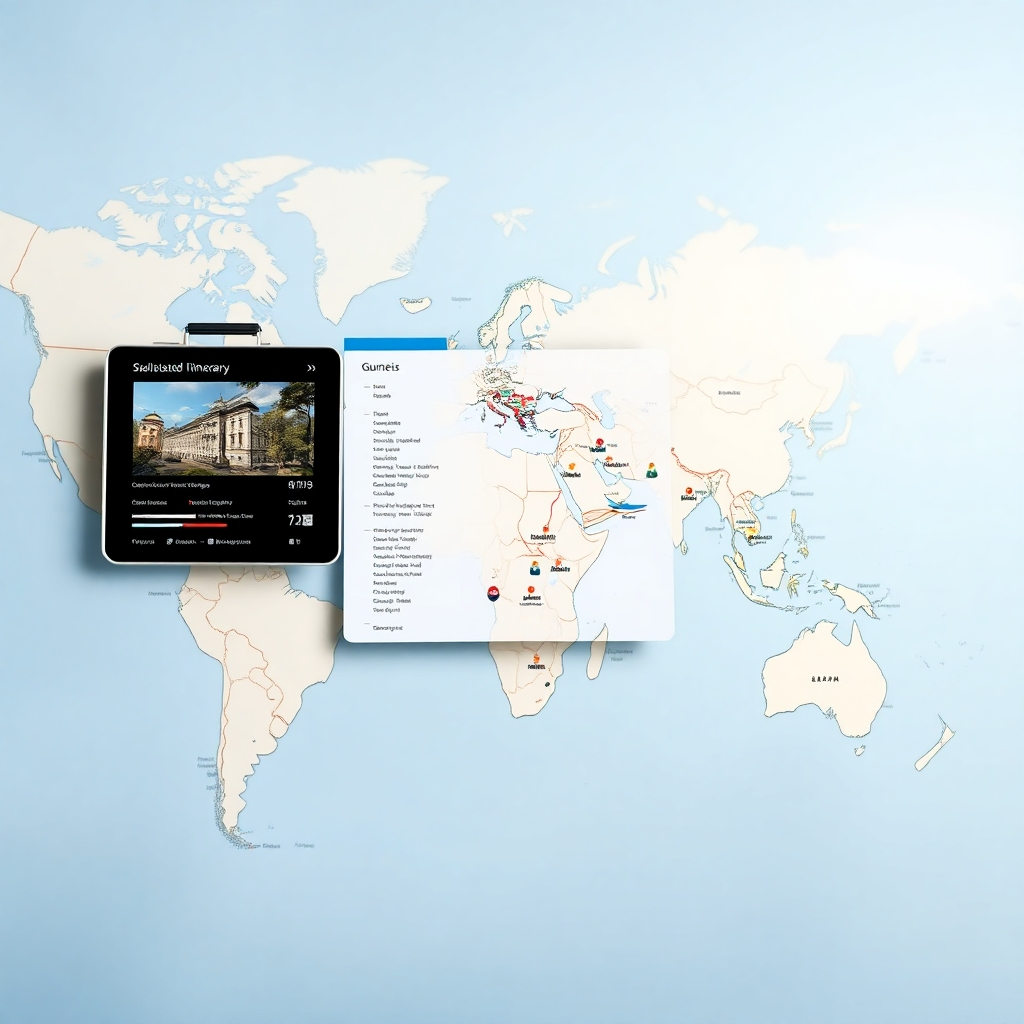 Generate a photorealistic image depicting a detailed travel itinerary, possibly projected onto a world map. The image should convey organization, planning, and the excitement of travel. Style should be clean and modern, with a 4K resolution for sharp detail.