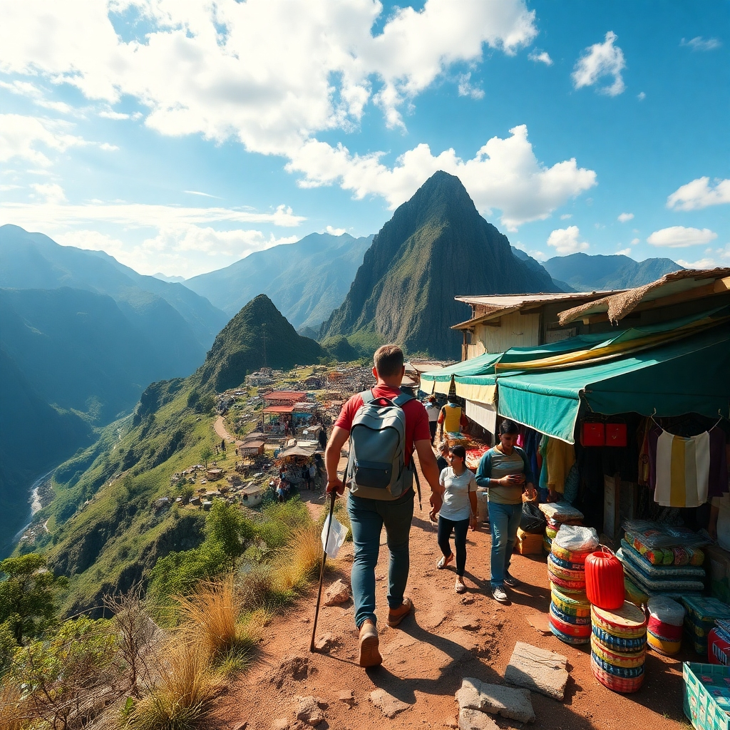 Generate a photorealistic image of an adventurous travel scene, perhaps a person hiking a mountain trail with breathtaking views, or exploring a bustling street market in a foreign country.  Focus on vivid colors, natural lighting, and detailed textures, with a style resembling National Geographic photography.  Maintain a 4K resolution for superior image quality.