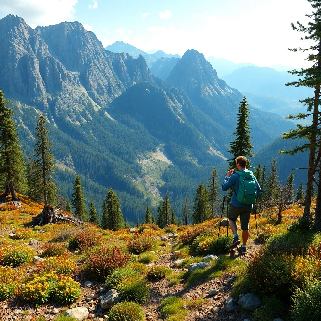 Generate a photorealistic image of a scenic hike through a national park or other natural area. Emphasize the beauty and tranquility of nature, with natural lighting, vibrant colors, and high-quality textures.  Aim for a 4K resolution.