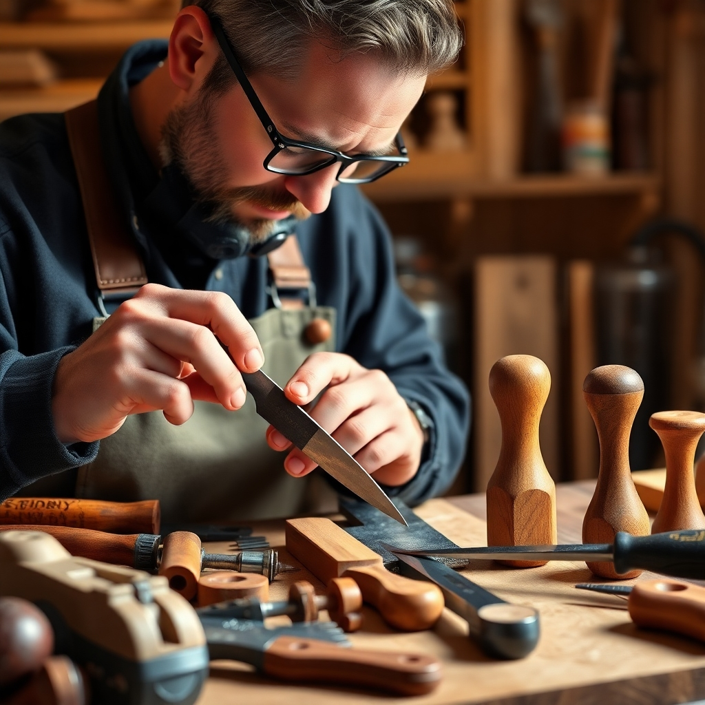 Generate a photorealistic image showcasing a woodworker meticulously cleaning, sharpening, and maintaining a collection of woodworking tools.  The lighting should be clear and well-lit, highlighting the care and precision involved in tool maintenance. The overall style should be professional and precise. The image should be high quality and project a sense of thoroughness and attention to detail.