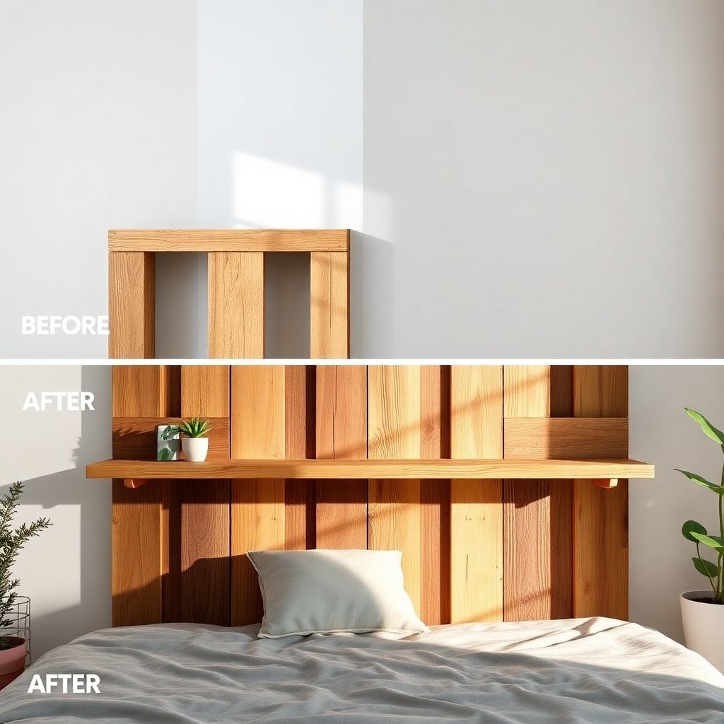 Generate a photorealistic image showing the process of transforming old wooden pallets into a stylish home decor item, like a headboard or a shelf. Focus on the before-and-after transformation, highlighting the sustainability aspect and creative upcycling. The lighting should be bright and natural, showcasing the texture of the wood and the meticulous craftsmanship. The image should be high quality and communicate the environmentally friendly aspect of the project.
