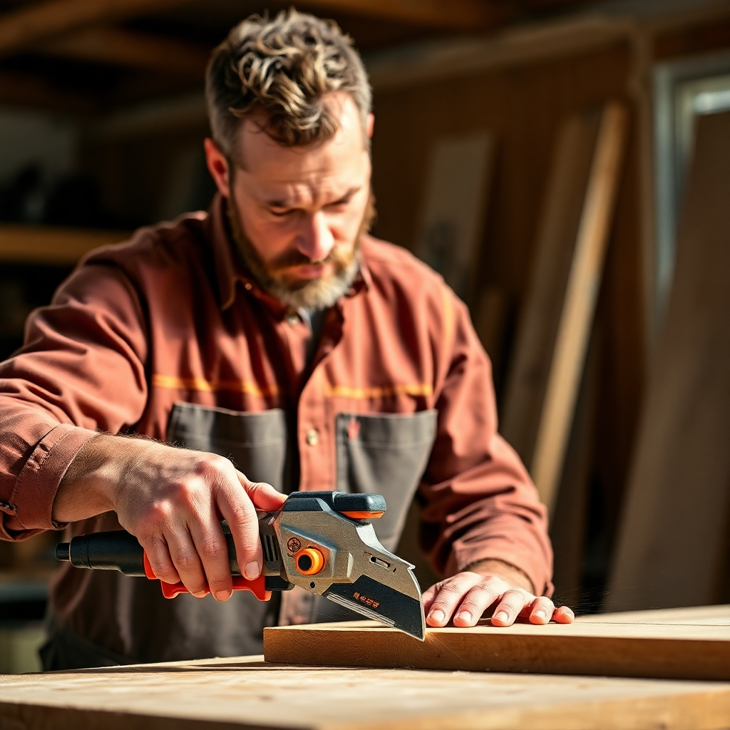 Generate a photorealistic image of a skilled woodworker using a high-quality woodworking tool. Focus on the precision and ease of use of the tool. The lighting should be bright and clear, allowing for a detailed view of the tool and the woodworker's technique. The overall style should be professional and informative, emphasizing the quality and effectiveness of the tool. The image should be high quality and inspire confidence in the tool's performance.