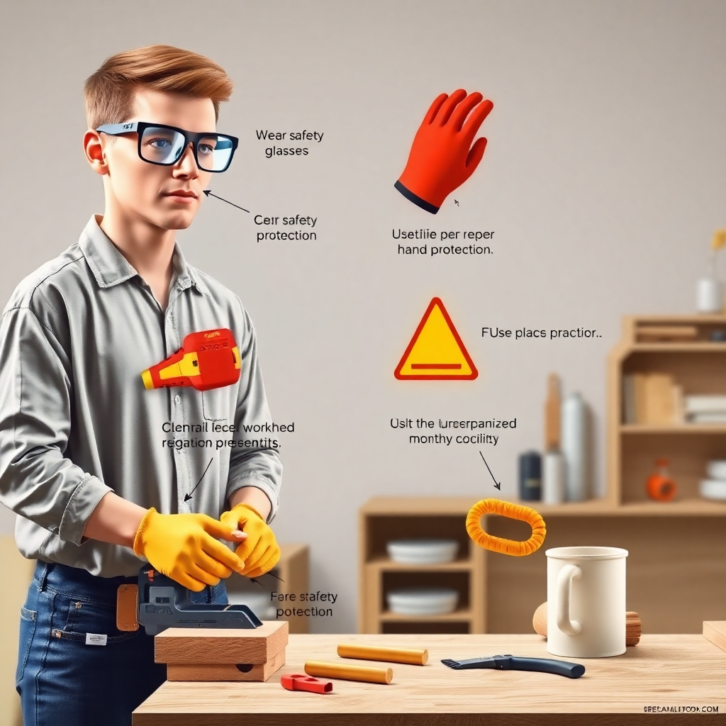 Generate a photorealistic image illustrating safe woodworking practices, such as wearing safety glasses, using proper hand protection, and maintaining a clean and organized workspace.  The lighting should be bright and clear, allowing for a detailed view of each safety measure. The overall style should be instructional and informative, emphasizing the importance of safety. The image should be high quality and convey a strong sense of responsibility and safety.