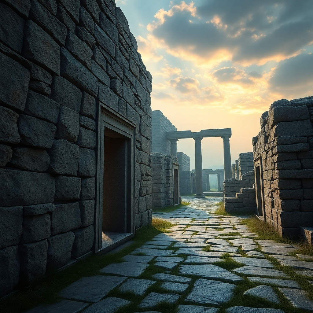 Generate a photorealistic image depicting ancient ruins or historical sites. Focus on the texture of weathered stone, atmospheric lighting, and a sense of history. The style should be realistic, emphasizing the age and grandeur of the sites.  Ensure a high resolution (4K) and attention to detail.