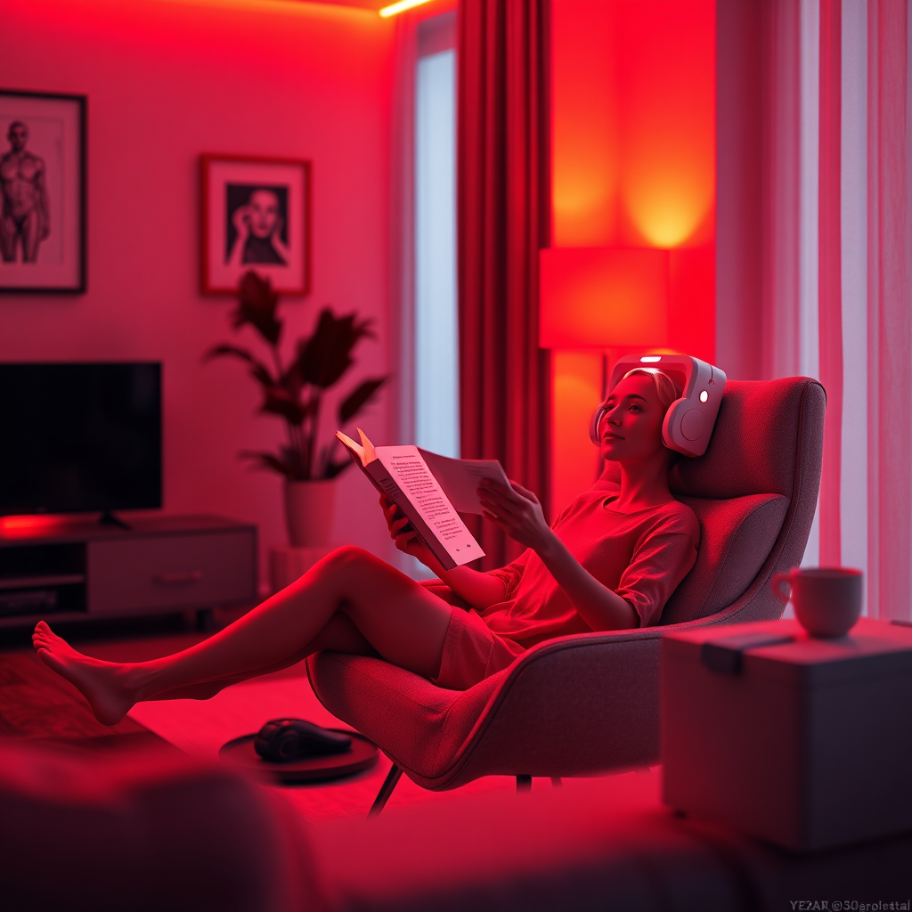 A photorealistic, ultra-high-quality 8K image showcasing the integration of red light therapy into daily life. The scene depicts a modern, minimalist living space bathed in the soft glow of red light emanating from a sleek, portable red light therapy device. A person is comfortably seated, reading a book while receiving therapy. The lighting should be warm and inviting, highlighting the subtle details of the device and the relaxed atmosphere. The color palette consists of warm reds, oranges, and neutral tones. Camera angle: slightly low, angled up to emphasize the person and the device within the environment. Textures should be hyperrealistic, capturing the fine details of skin, fabric, and device materials. Props include a comfortable chair, a book, and a side table. Style reference: Scandinavian minimalism with a touch of futuristic technology.
