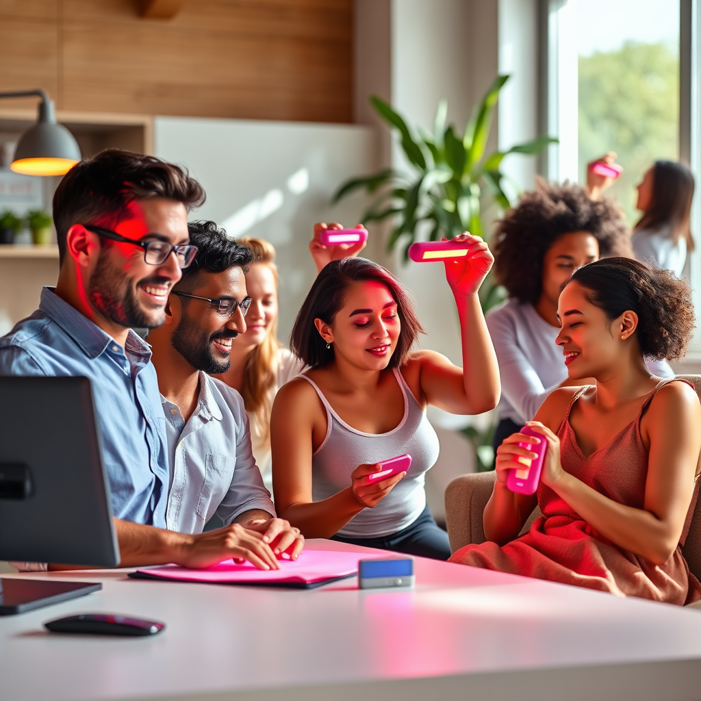 A 4K, high-quality image representing the accessibility and integration of red light therapy. The image shows a diverse group of people engaging in various activities (working at a desk, exercising, relaxing at home), each using a small, portable red light therapy device. The lighting is bright and optimistic, with a focus on natural light. The color palette is vibrant and inclusive. Camera angle: A wide shot showcasing the different scenarios. Textures should be realistic and relatable. Environment: Various settings, from a modern office to a cozy home. Style reference: Modern, inclusive, and lifestyle-oriented photography.