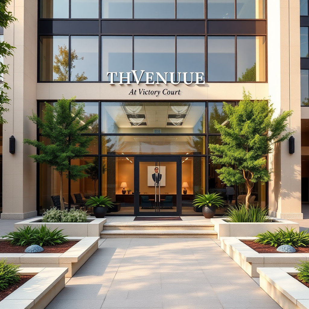 A 4K resolution, high-quality photograph depicting the exterior of The Venue At Victory Court. The building is modern and inviting, featuring clean lines and large windows that allow natural light to filter in. The landscaping is meticulously maintained, with lush greenery and calming water features. The entrance is welcoming, with a clear view of the reception area, hinting at the serene and professional atmosphere within. The overall impression is one of sophistication, tranquility, and advanced healthcare. The image should convey a sense of trust and well-being. Focus on natural light and warm tones to create an inviting atmosphere. Style reference: Architectural photography with a focus on health and wellness.