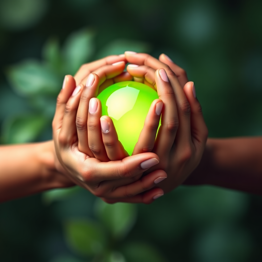 A 4K resolution, high-quality image symbolizing holistic wellness and natural healing. The image features intertwined hands gently cradling a glowing green orb. The hands are diverse in skin tone, representing inclusivity and universal well-being. The green orb radiates a soft, warm light, symbolizing energy and vitality. The background is a blurred bokeh of natural elements, such as leaves and water droplets, in shades of green and blue. The composition is circular and balanced, conveying harmony and interconnectedness. The lighting is soft and diffused, creating a sense of calm and peace. Textures are subtly rendered to highlight the smoothness of the hands and the ethereal glow of the orb. The style is modern and minimalist, with a focus on conveying emotion and meaning through simple visual elements. This image should capture the essence of holistic wellness and the transformative power of natural healing.